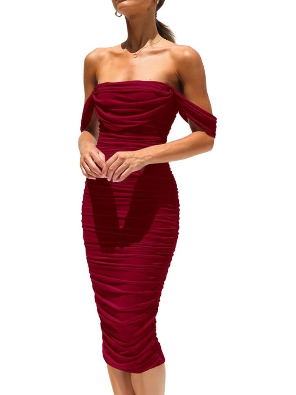 PRETTYGARDEN Cowl Burgundy Wine Ruched Bodycon Stretch Midi Cocktail Party Dress